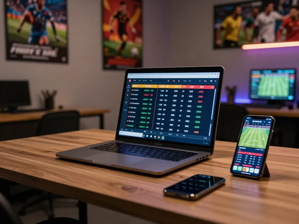 Engaging online sports betting scene showing fly88 prof interface on a laptop, emphasizing strategic management with real-time odds.