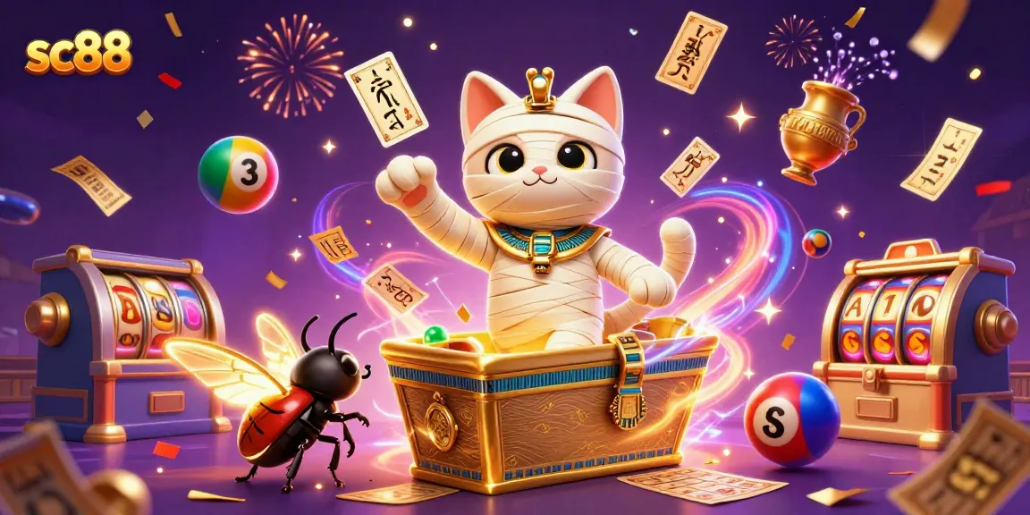 Experience the excitement of sc88 with a dynamic scene of a mummy cat, jackpots, and lottery elements.