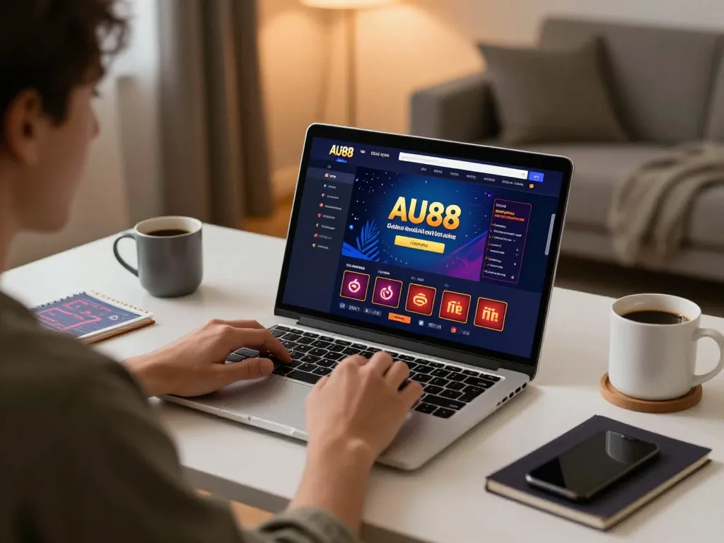 Engaging user exploring AU88 online gaming interface on laptop at home while practicing responsible gambling.