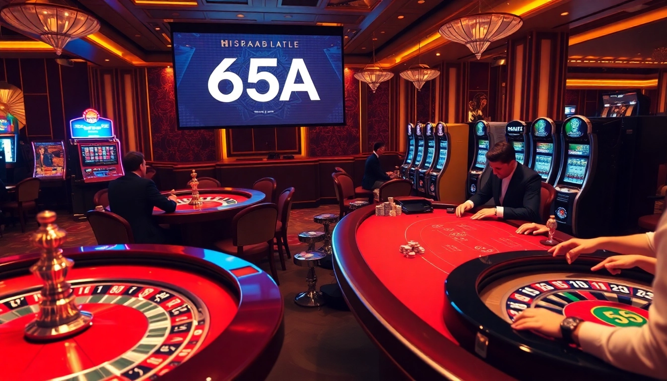 Players engaging in high-stakes poker at 65A's luxurious casino tables, emphasizing excitement.