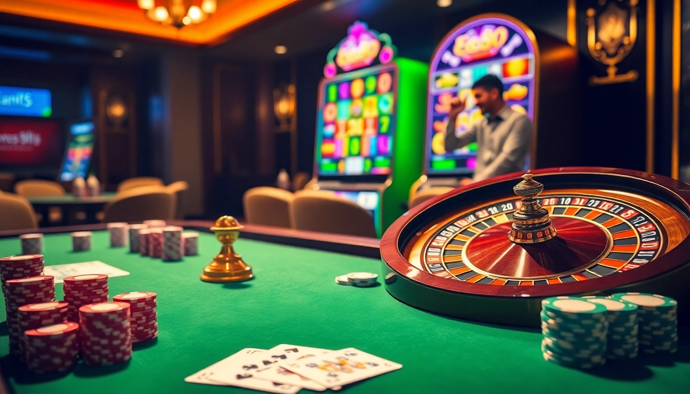 Experience the thrill of the ee88 app with vibrant casino tables, poker chips, and high-stakes excitement.