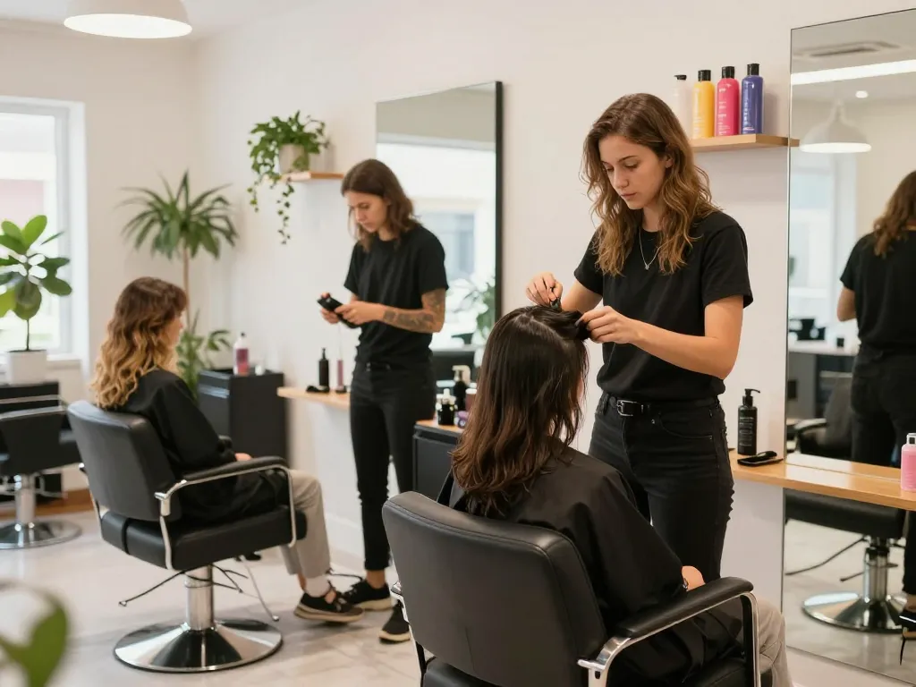 Stylish hair salon near me with a stylist coloring a client’s hair, showcasing vibrant colors and modern decor.