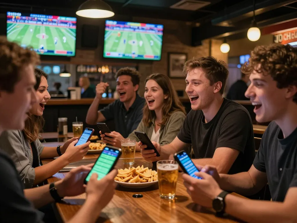 Witness players placing bets through apps while enjoying the lively 79KING sports bar ambiance.