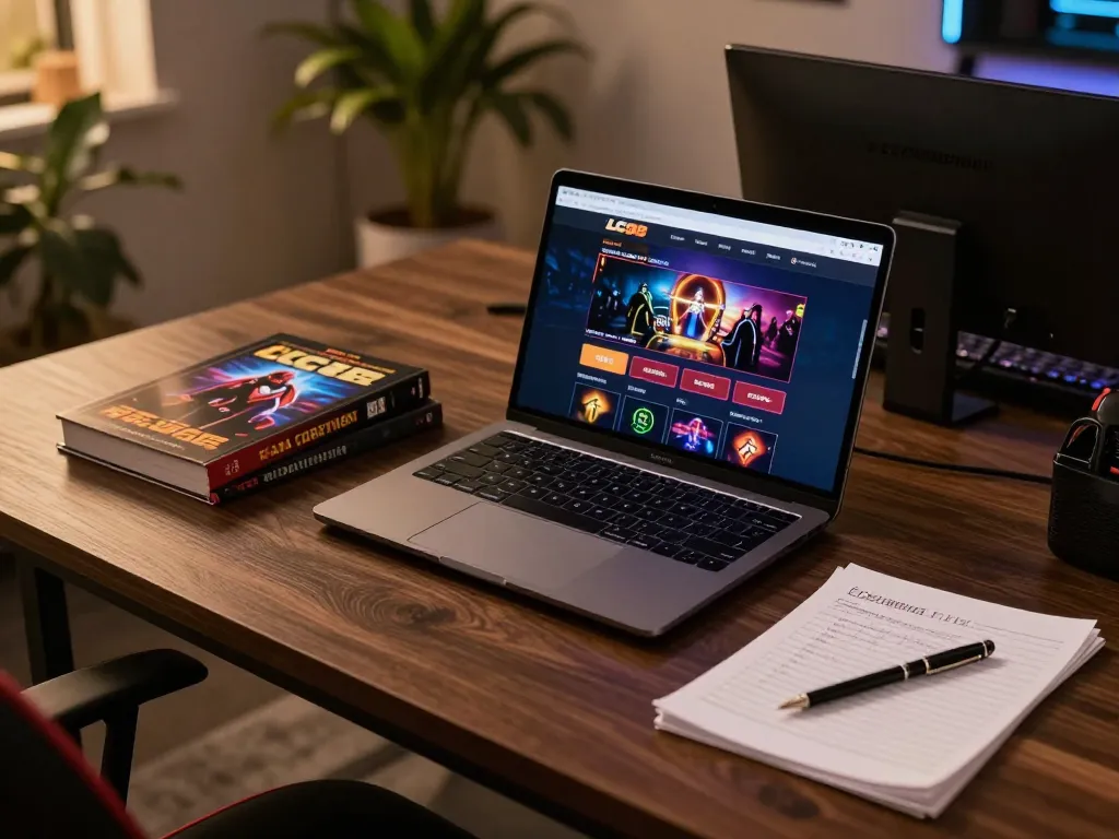 Player engaging with the LC88 casino platform on a sleek laptop, surrounded by strategy notes and warm lighting.