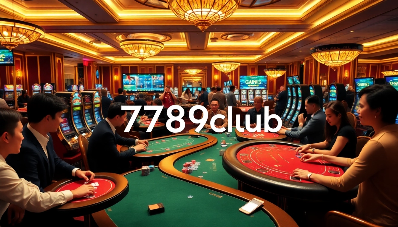 A vibrant casino scene with players enjoying poker and slots, featuring 789club branding and dynamic gameplay.