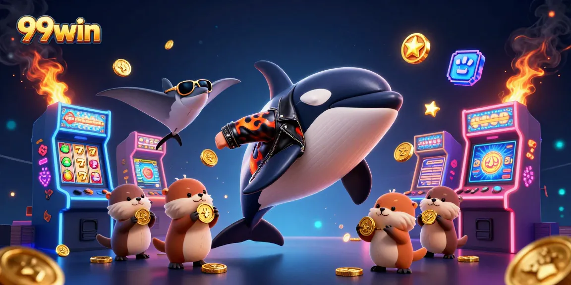 Join the exhilarating experiences of 99win with vibrant characters including a jumping orca and otters holding gold coins.