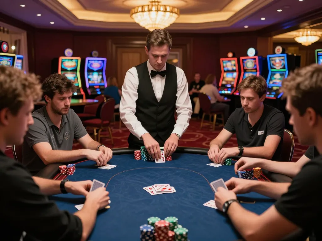 Players at Fly88 engage in a high-stakes poker game amid luxurious casino surroundings.