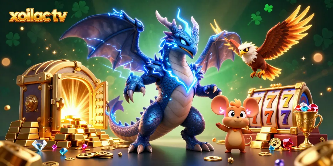 Xoilac TV showcases a vibrant online casino scene with dynamic characters and rich treasure elements.
