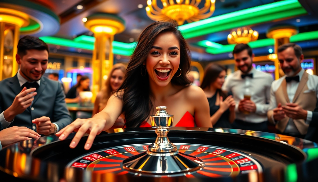 Experience the thrill of tha bet at a luxurious roulette table filled with eager gamblers.