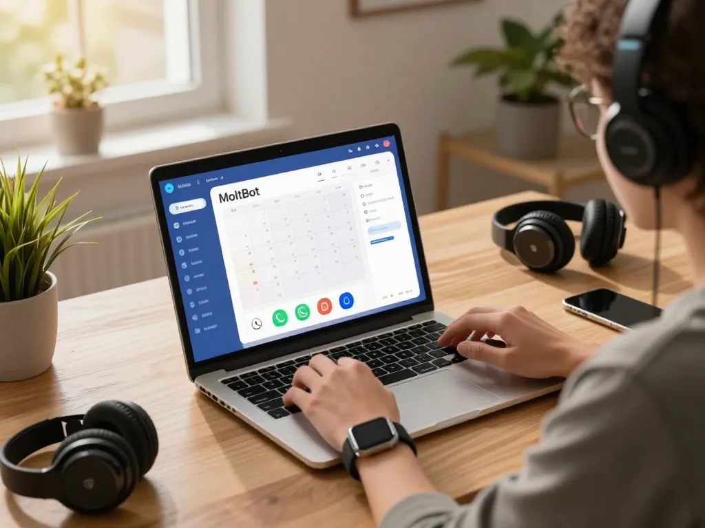 Moltbot AI assistant managing tasks on laptop in a modern workspace, showcasing productivity and automation.