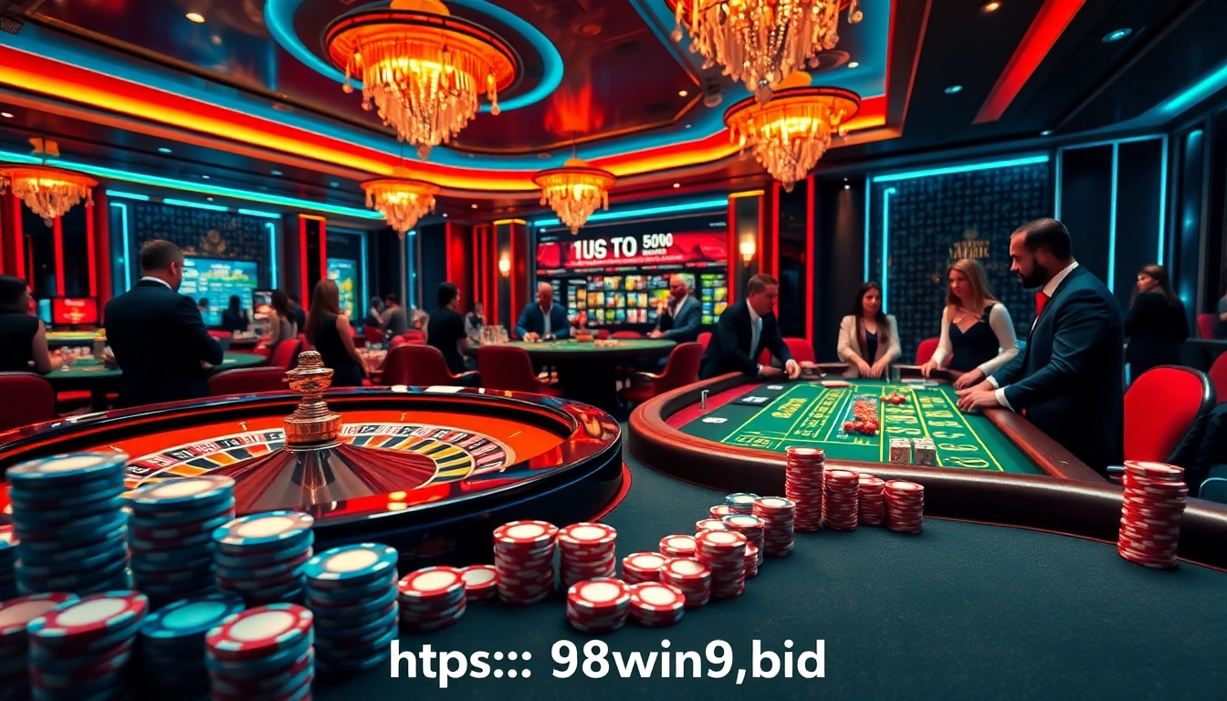 Gambling excitement at a luxury casino with roulette and blackjack tables, showcasing https://98win9.bid/ betting action.