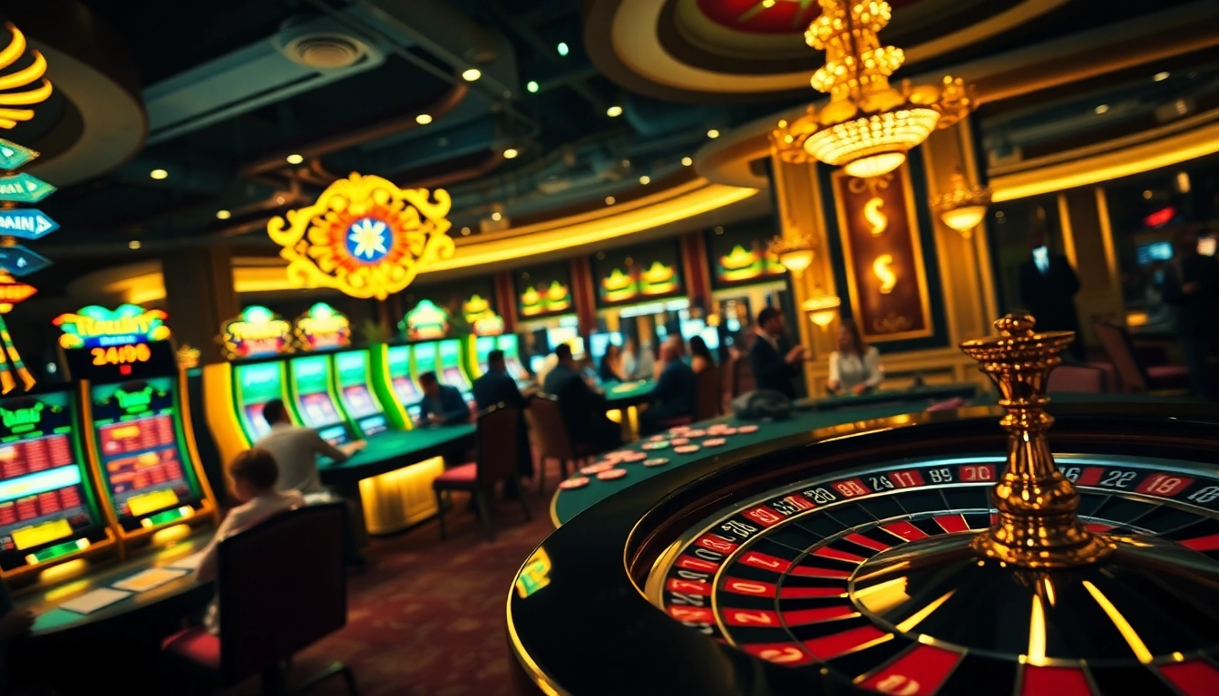 Exciting casino gaming scene showcasing gg88 gold poker chips and vibrant slot machines.