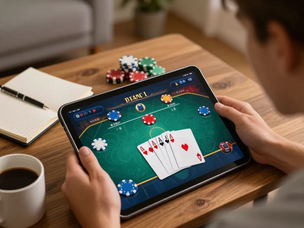 Pucuk138 online poker gaming action in a cozy home environment, showcasing strategic play on tablet.