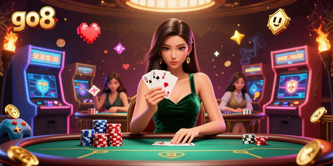 Engage in thrilling gameplay at go8, showcasing a beautiful Asian woman in an emerald dress at a poker table.