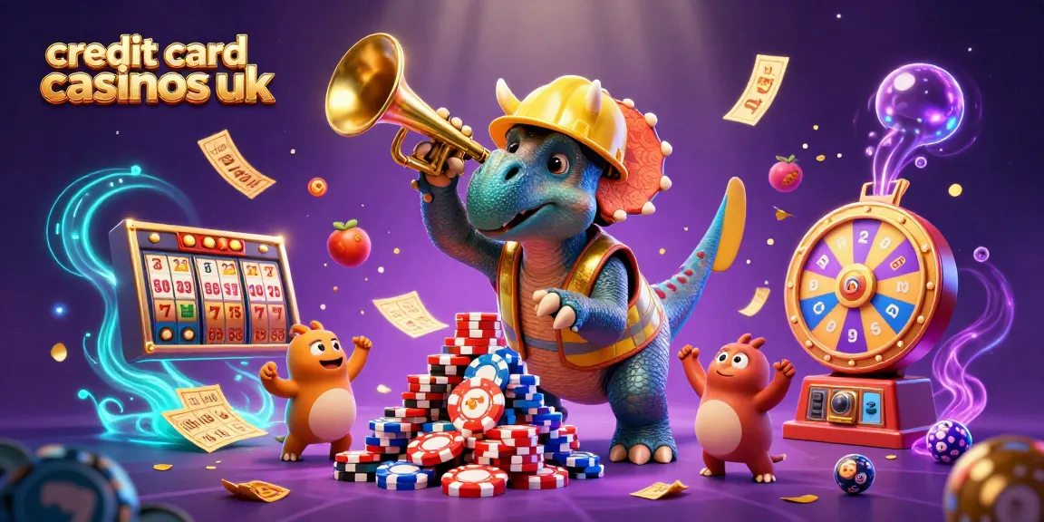 Credit card casinos UK featuring vibrant slot elements with a 3D triceratops and celebratory characters.