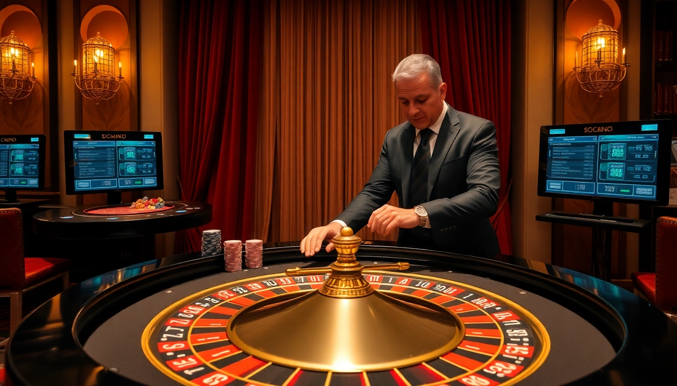 High-stakes excitement at SODO Casino with roulette, poker chips, and vibrant gaming ambiance.