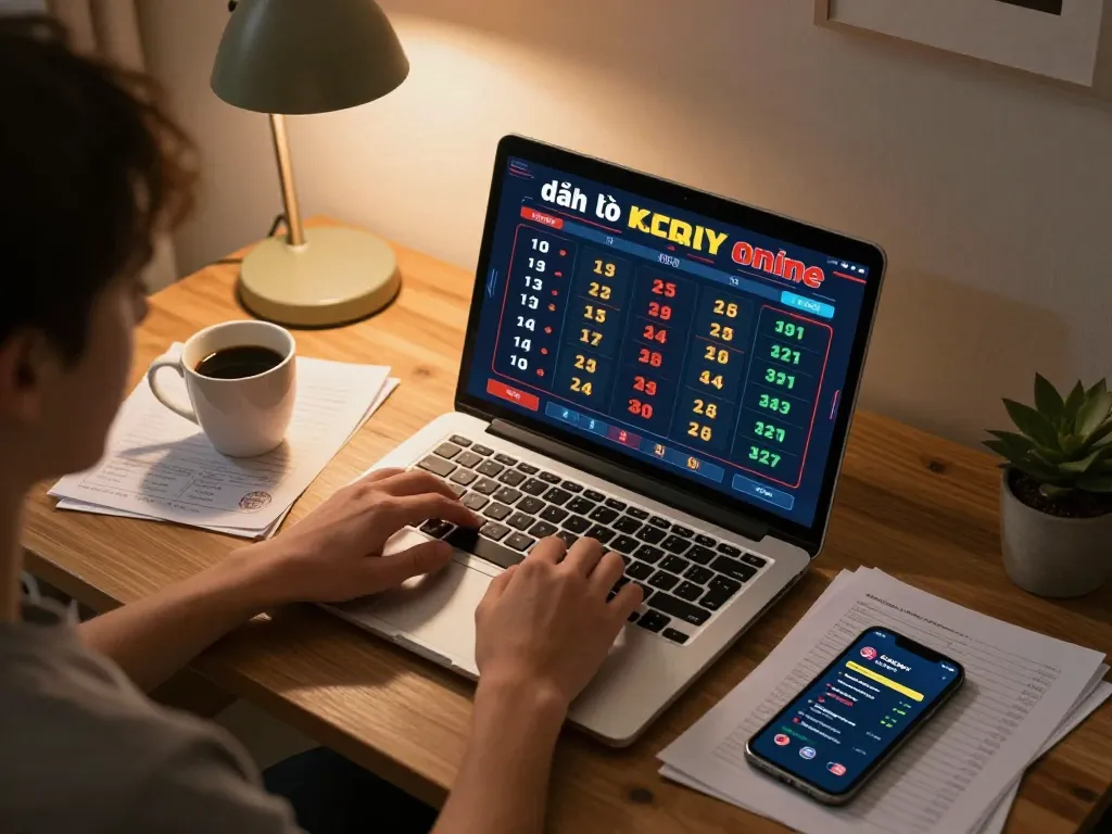 Engaging in đánh lô đề online while analyzing betting strategies in a cozy home setting.