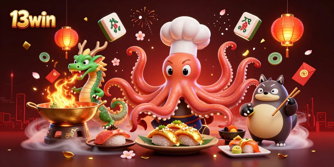 Experience the vibrant world of 13win with a dynamic illustration featuring an octopus chef and a dragon in a lively casino setting.