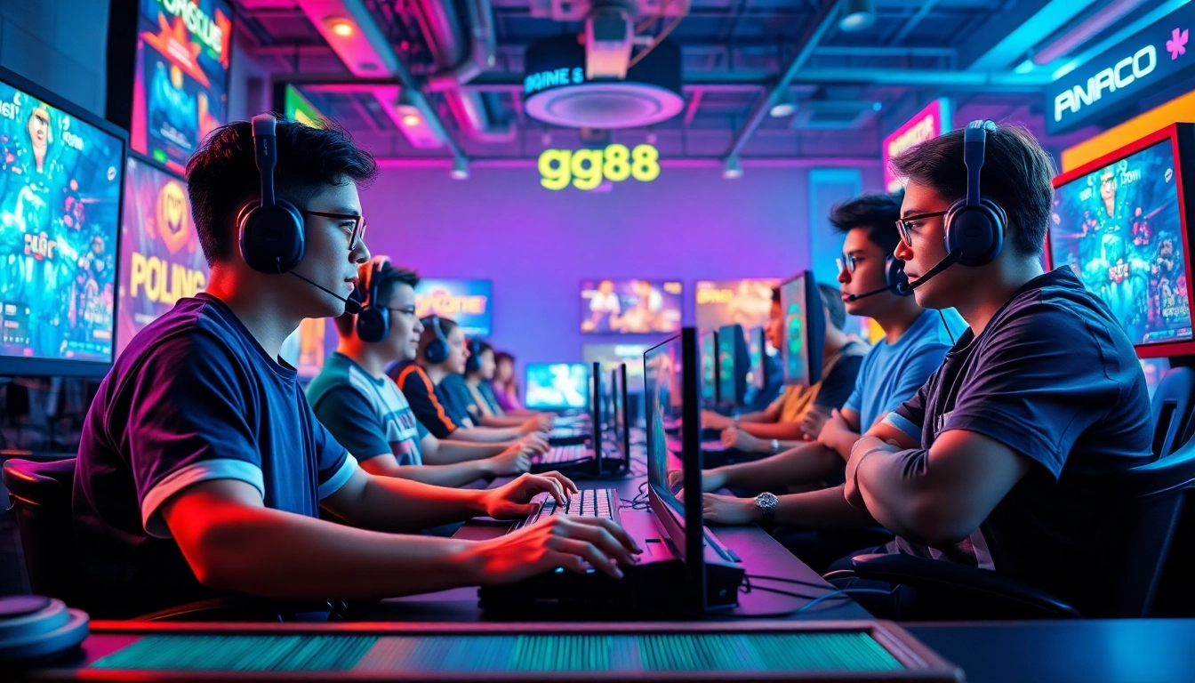 Engaging scene of players immersed in the gg88 game online gaming experience, showcasing diverse gaming setups.
