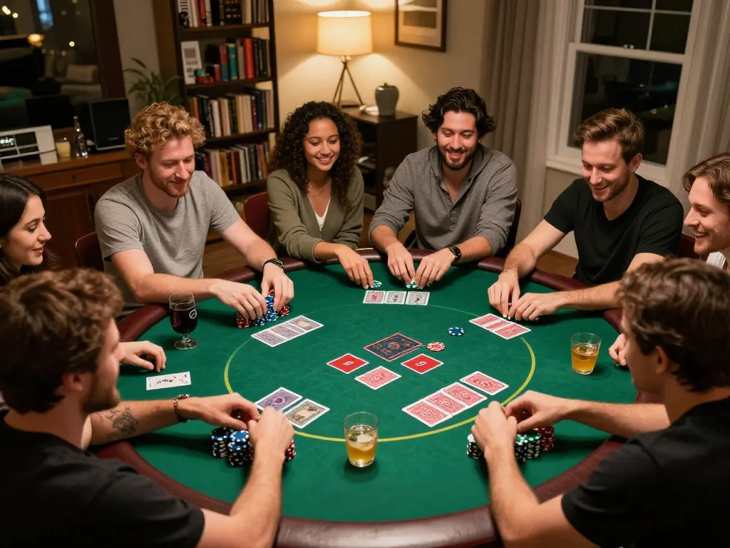 Miso88 players engaging in an exciting home poker night, showcasing strategic gameplay with friends
