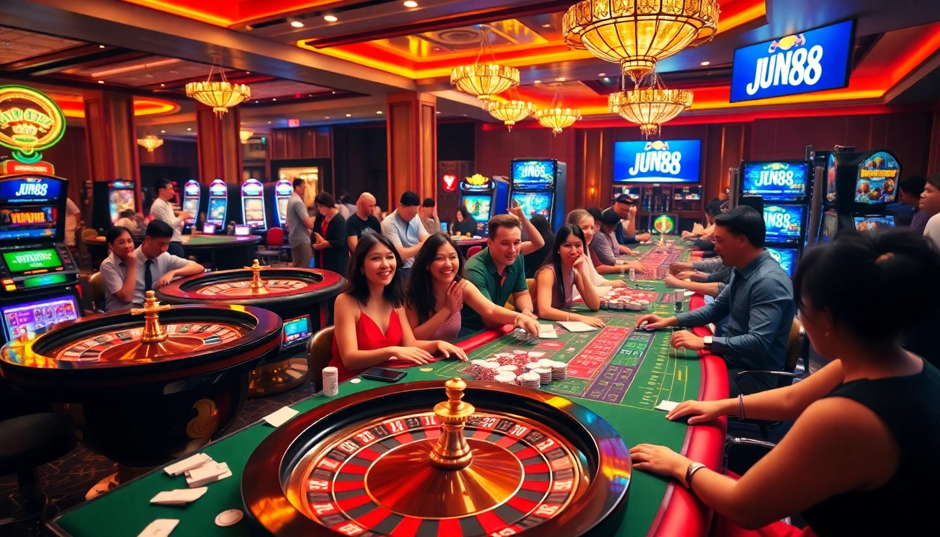 Gamblers enjoying a lively casino atmosphere at Jun88 with poker tables and slot machines.