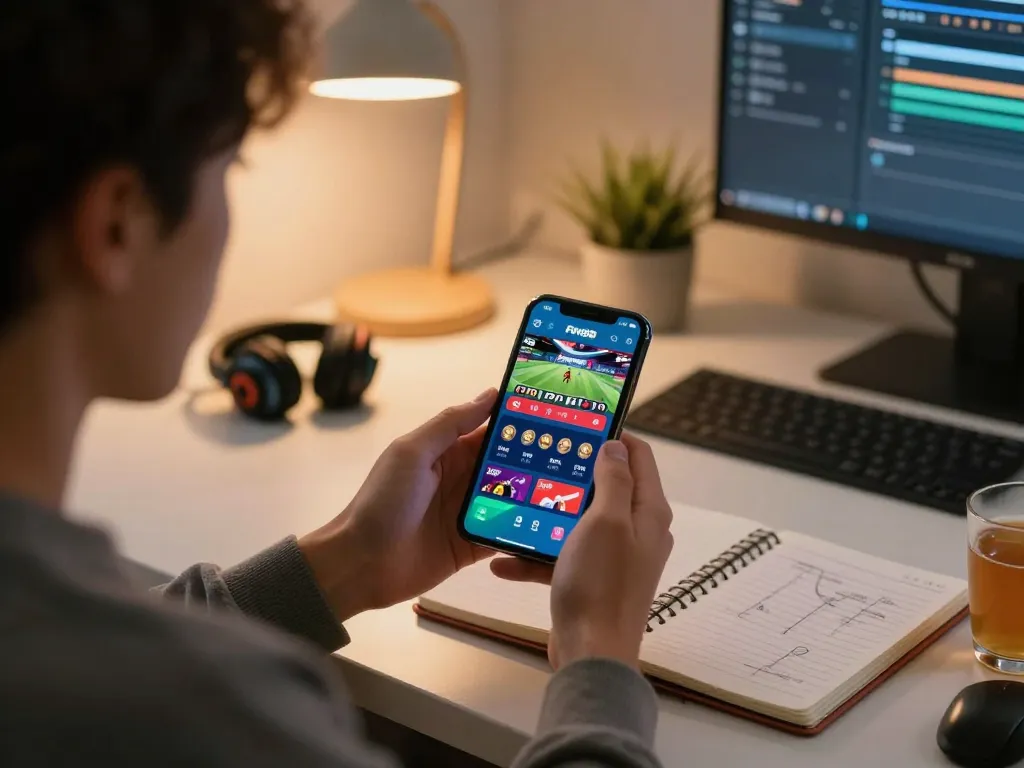 Engaging user exploring the Fun88 app for live betting in a cozy home office.