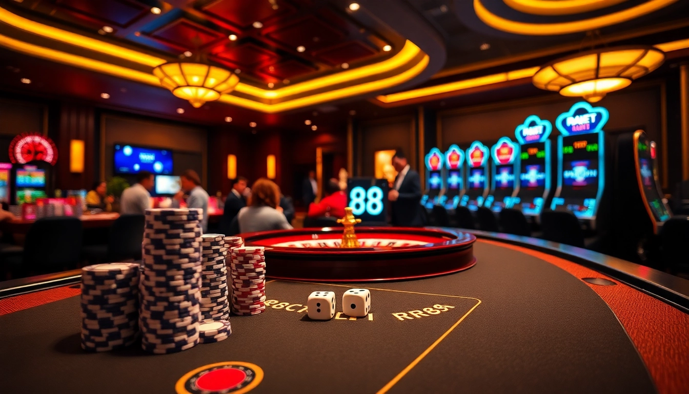 Engaging gambling scene with Nhà Cái RR88 elements, featuring gaming tables and vibrant casino atmosphere.