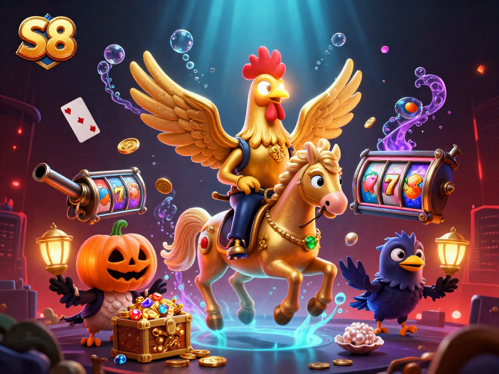 Experience the excitement of S8 with a golden rooster and vibrant casino elements.