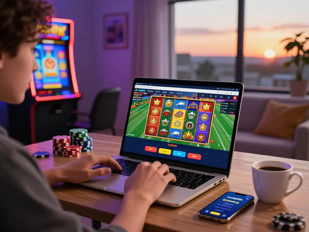 Engaging user experiencing the Luckywin online platform with vibrant gaming elements in a cozy setting.