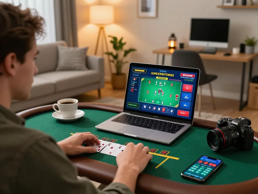Player engaging in online blackjack game with ok365 on laptop in cozy setting.
