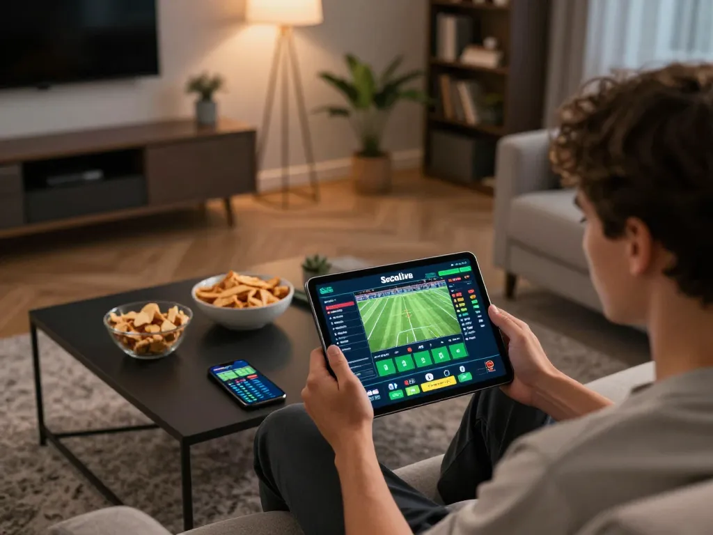Socolive user engaging in sports betting from a cozy home setting with tablet and snacks.