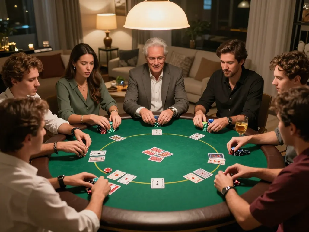 Engaged players at home poker night featuring professional gaming table with Texas Hold'em action, highlighting the social atmosphere of tt88.com gameplay.