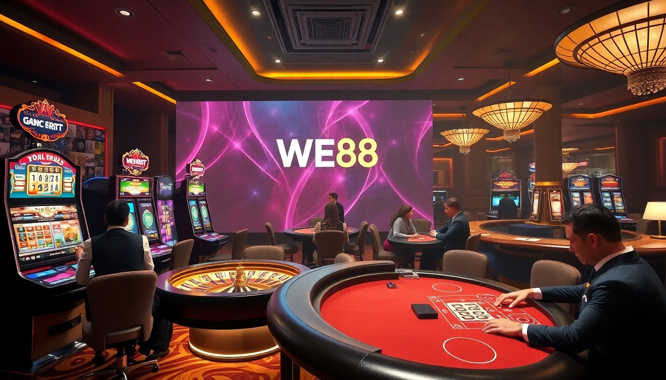 Experience the thrill of WE88 at a luxurious casino with vibrant tables and slot machines.