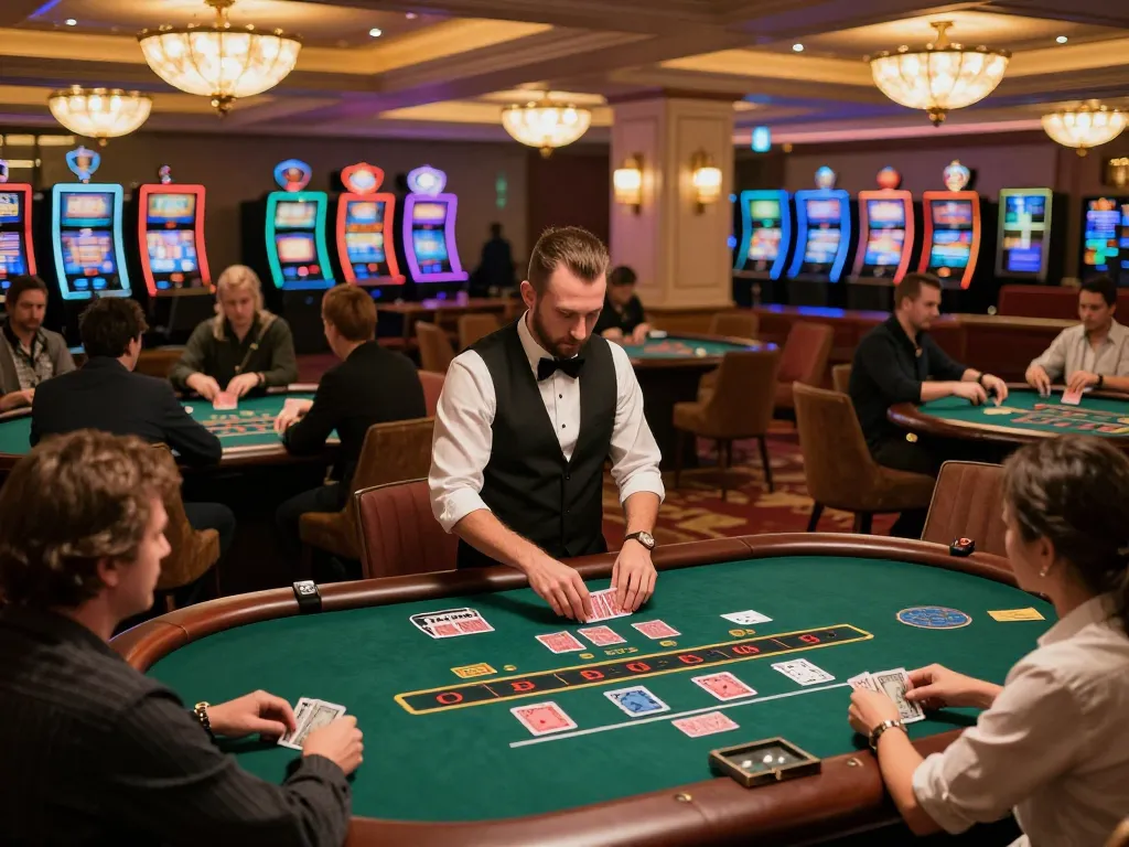 The RR88 casino floor showcases players enjoying dynamic blackjack gameplay with warm ambiance and vibrant decor.