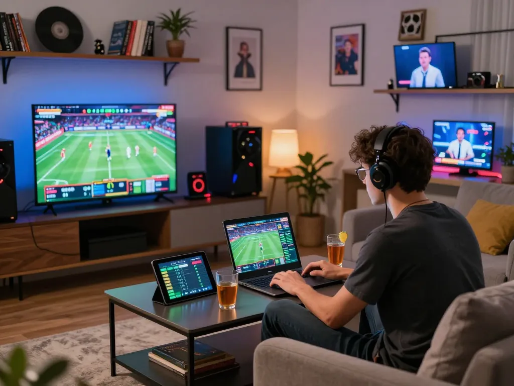 Engaging scene showcasing a sports betting enthusiast using soibetzz for online wagering at home.