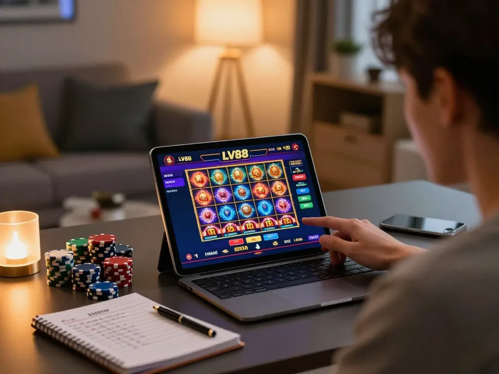 Player engaging with LV88 casino app on tablet while surrounded by betting strategy notes, illustrating online gambling.