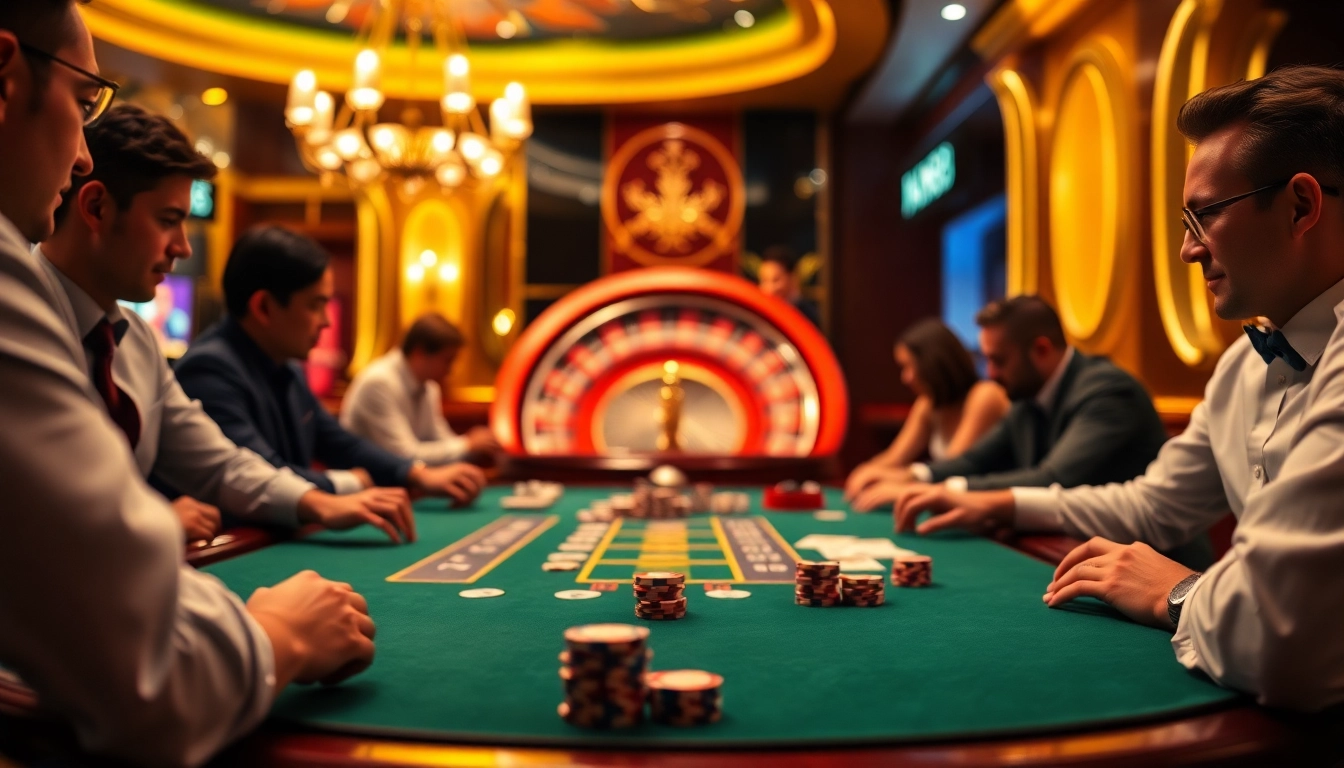 Players enjoy strategic poker at a luxurious kp88 casino table, showcasing the thrill of high-stakes gambling.
