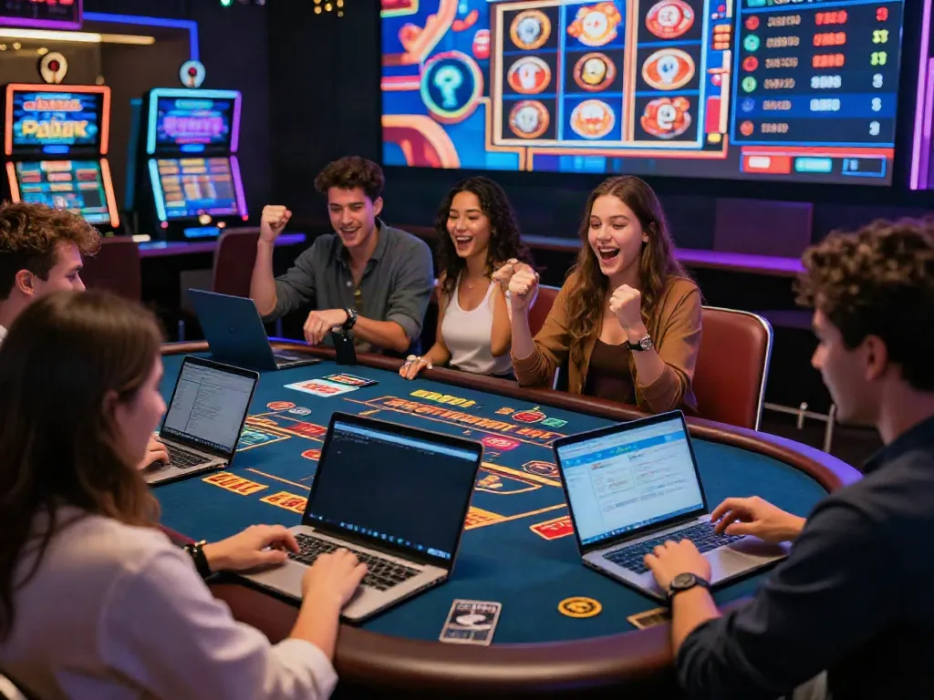 Exciting scene of friends at online credit card casinos, experiencing thrilling games and vibrant gaming atmosphere.
