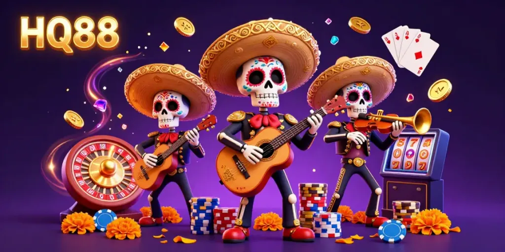 Experience the vibrant excitement of HQ88 with dynamic characters and casino elements in this colorful illustration.