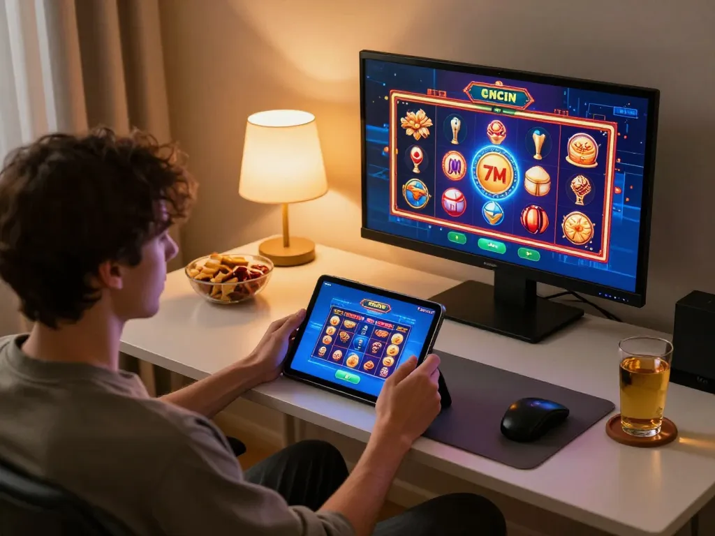 Engaging with 7M online casino app in a cozy home setup while enjoying snacks