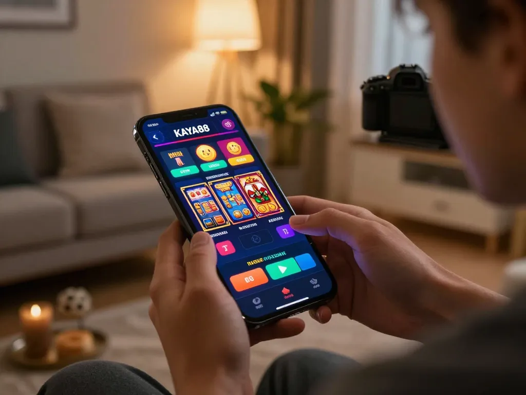 KAYA88 player engaging with a smartphone app showcasing exciting promotions and games