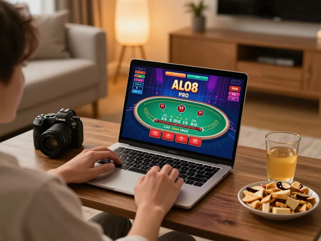 Engaging gameplay on ALO8 PRO online casino platform from a cozy home setup, showcasing strategic decisions in a vibrant atmosphere.