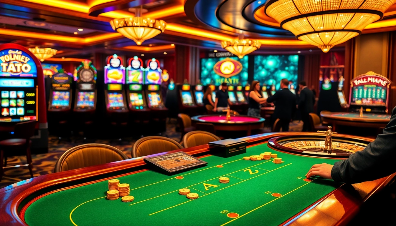 Exciting casino scene featuring eejl poker action with elegant tables and vibrant slot machines.