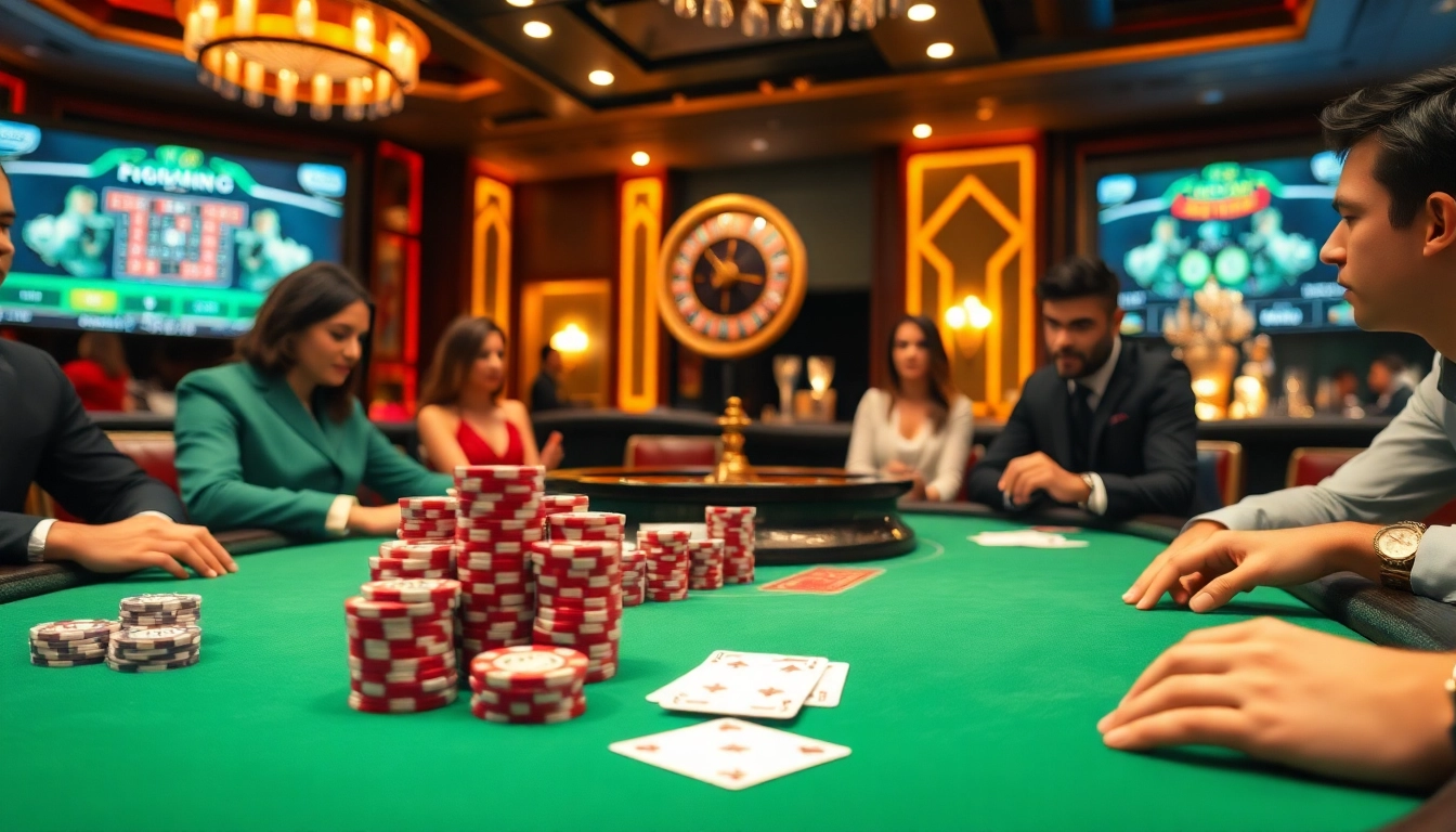 Experience the excitement of premium gaming at V7SB.com with vibrant poker and roulette action in a luxurious casino setting.