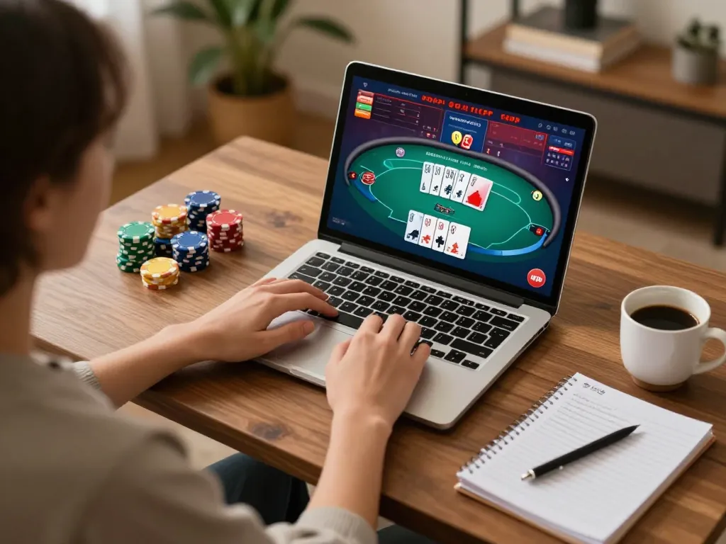 Engaging with poker gameplay on NK88 online casino platform in a cozy home setting