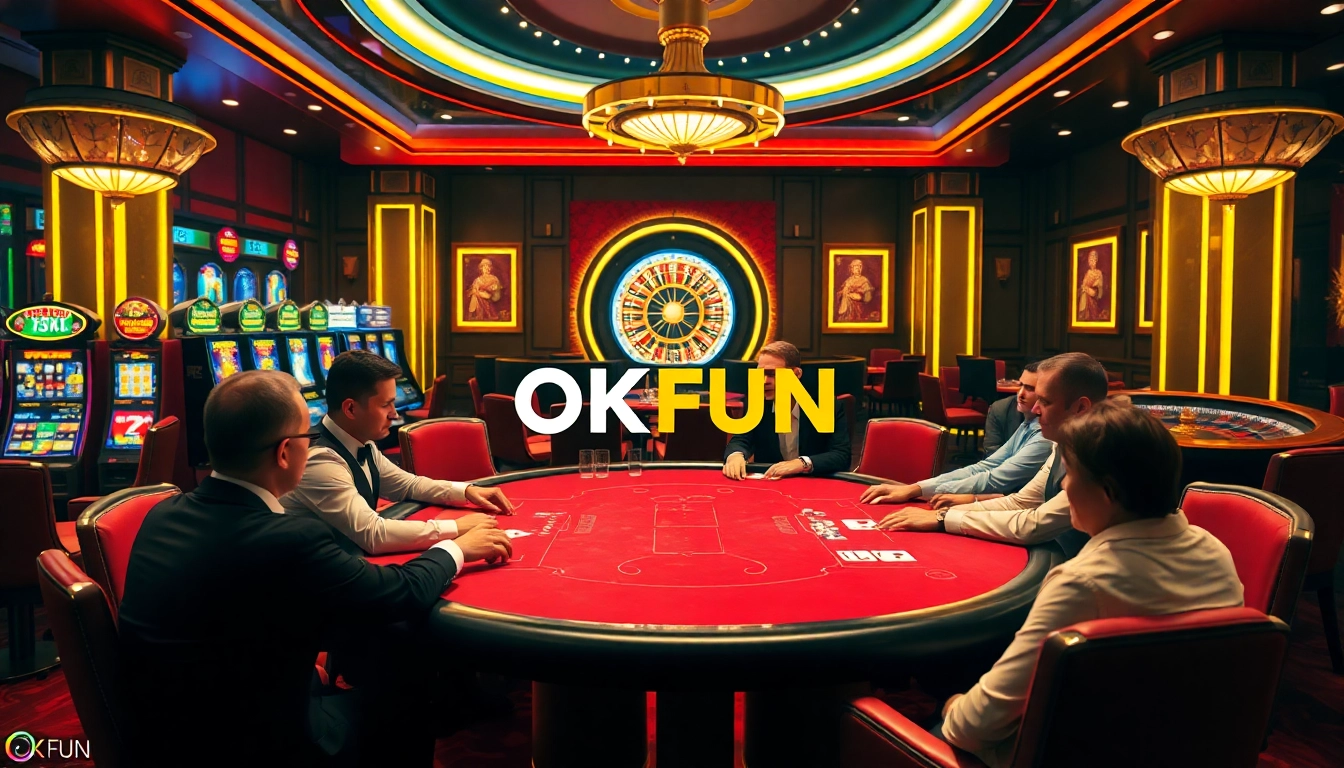 Players enjoying high-stakes poker at a casino table in an exciting OKFUN gambling scene.