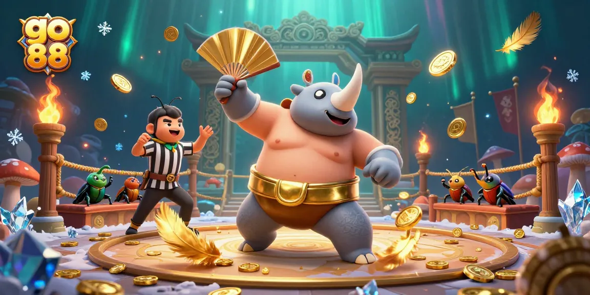 Experience the excitement of go 88 as a sumo beetle champion triumphs in a vibrant casino arena.