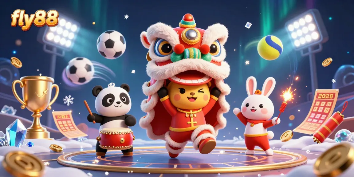 Join fly88's vibrant celebration with a 3D lion dance and festive gambling elements showcasing sports excitement.