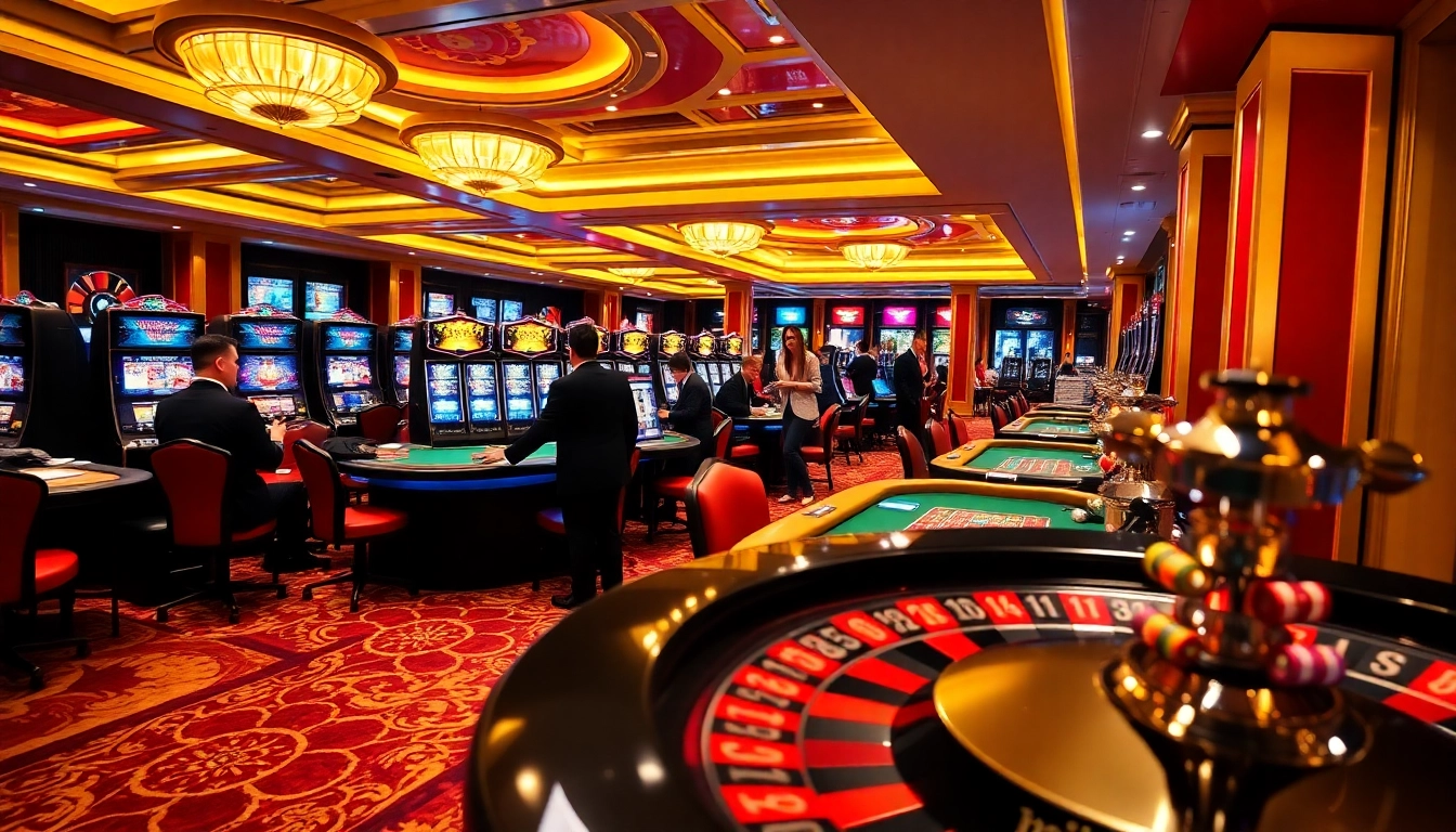 Mibet casino scene featuring players at poker tables and slots, conveying excitement and luxury.