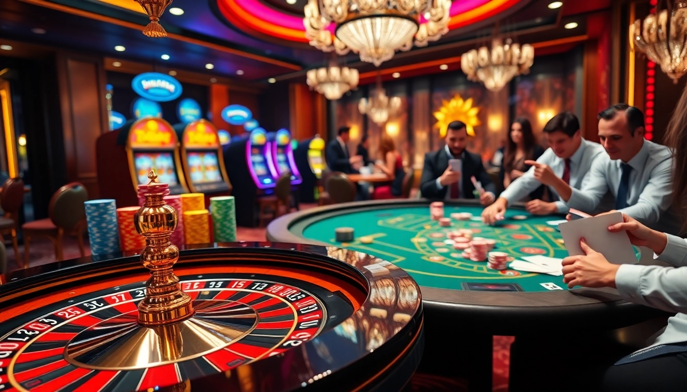 Engaging casino scene showcasing excitement at https://11win.mobi/ with roulette, poker, and slot machines.
